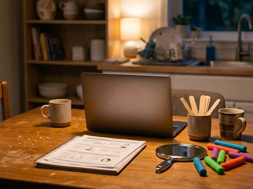 A kitchen table late in the evening with a laptop, printed exercise handouts, a hand mirror, tongue depressors and chewy tubes