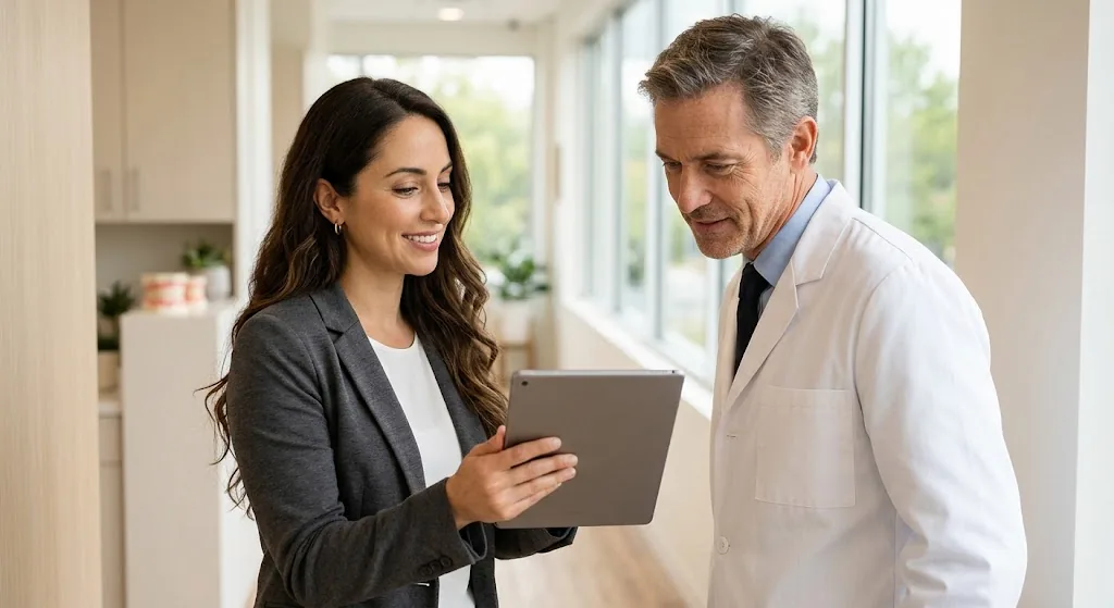 A therapist showing a dentist a client update on a tablet in a dental office hallway