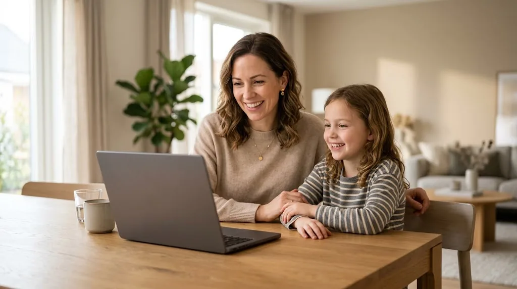 A mother and her daughter smiling at a laptop at the kitchen table