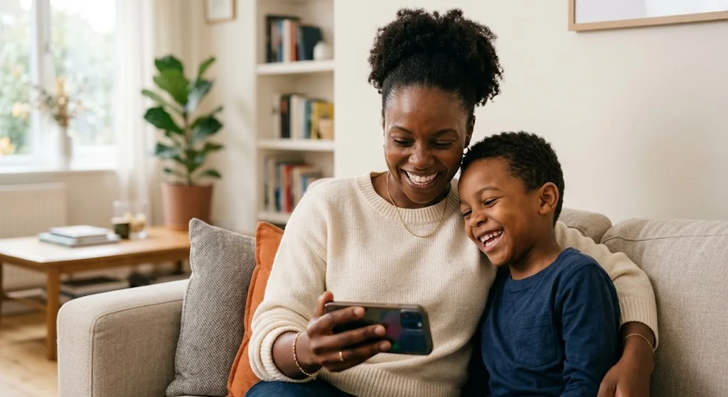 A mother and her son laughing at a phone together on the sofa