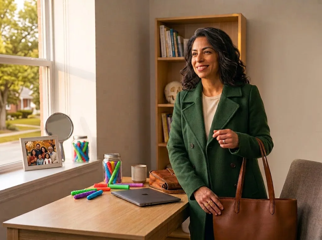 A therapist in her coat with her bag on her shoulder, smiling as she leaves her office at the end of the day