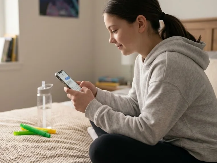 A teenage girl on her bed replying to a message on her phone, a chewy tube and a water bottle beside her