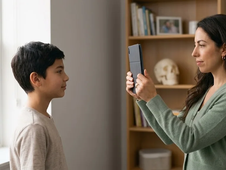 A therapist taking a profile progress photo of a boy with a tablet
