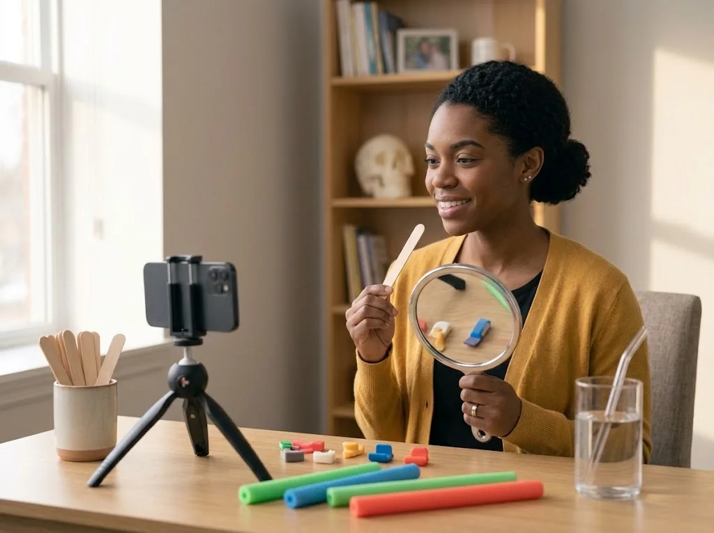 A therapist recording an exercise demonstration video with a hand mirror and a tongue depressor, oral motor tools on the table