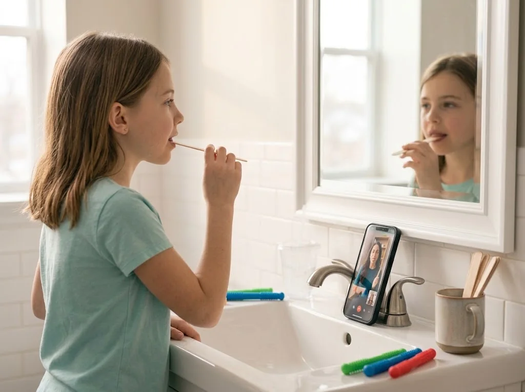 A girl practicing a tongue exercise at her bathroom mirror with her therapist on a phone beside the sink