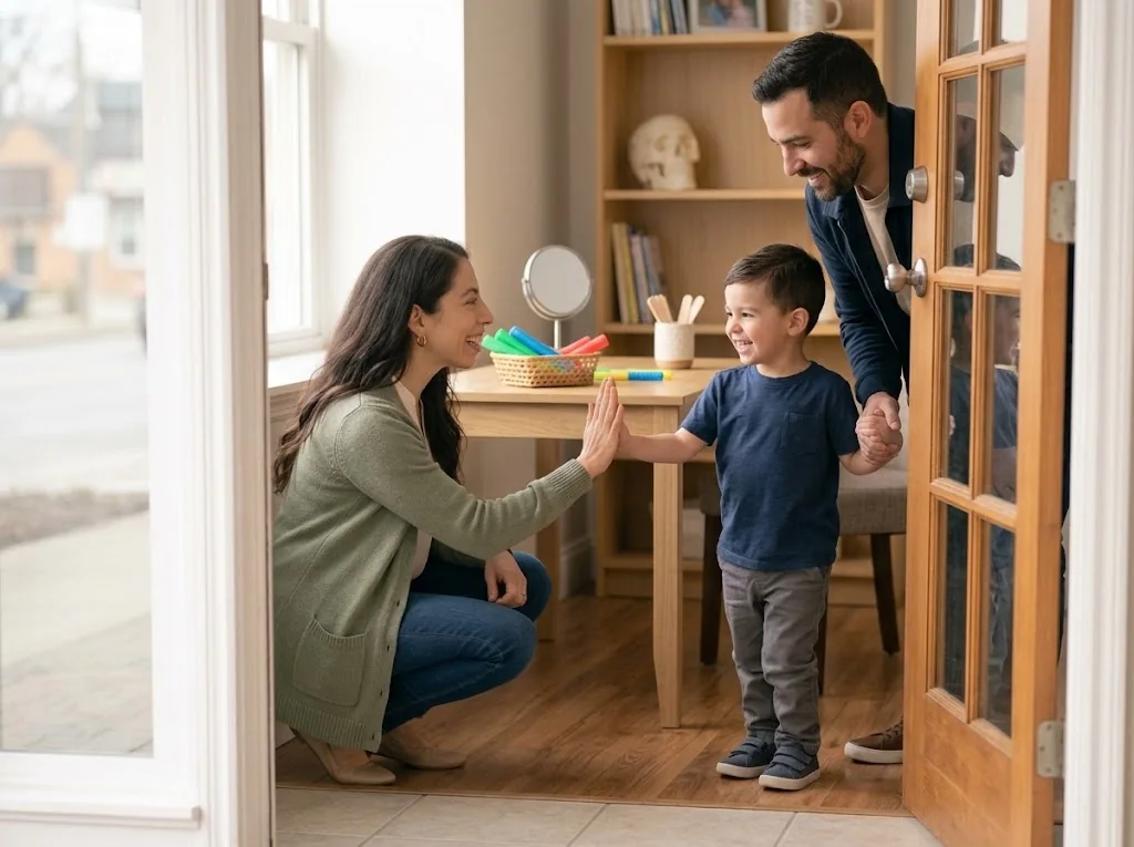 A therapist giving a young boy a high five as he and his father arrive back at the practice