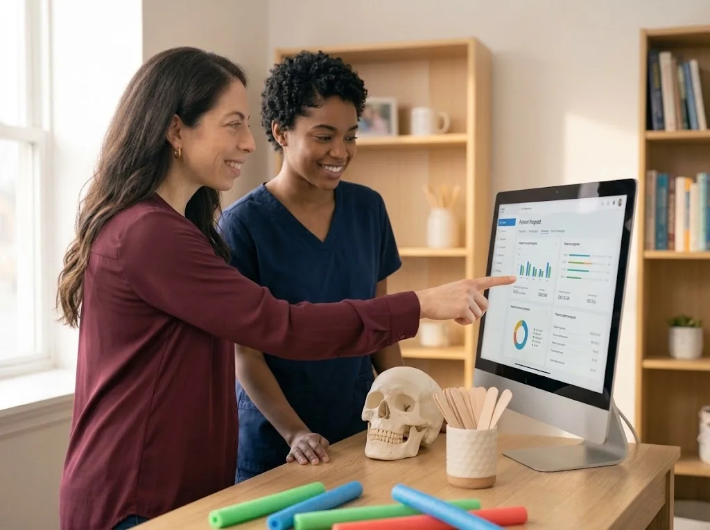 A practice owner pointing out figures on a monitor to a newer clinician