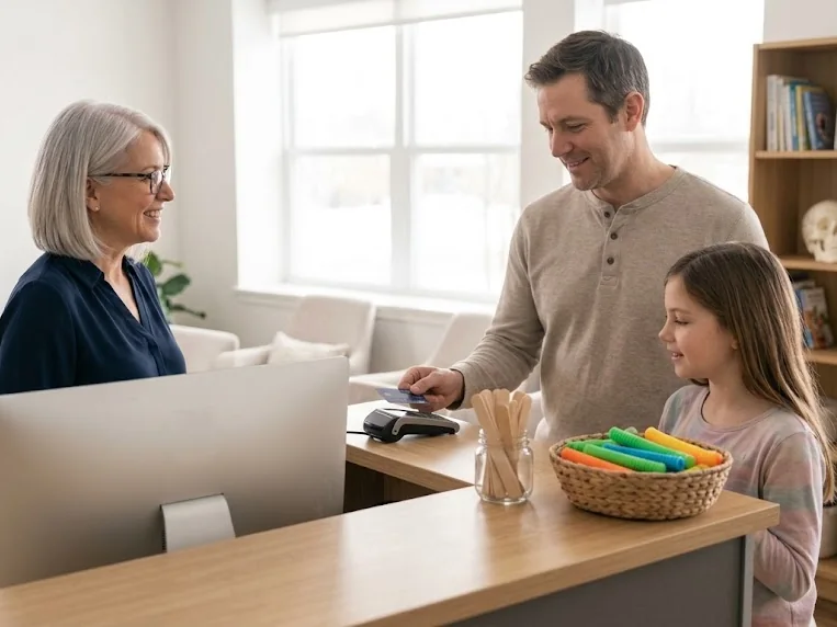 A father tapping his card at a practice front desk with his daughter beside him