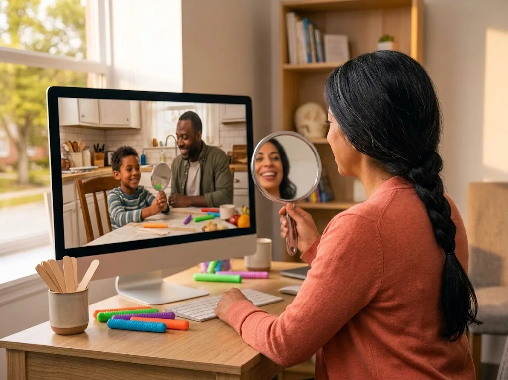 A therapist holding up a hand mirror on a video call while a boy at home copies the exercise with his own mirror, his father beside him