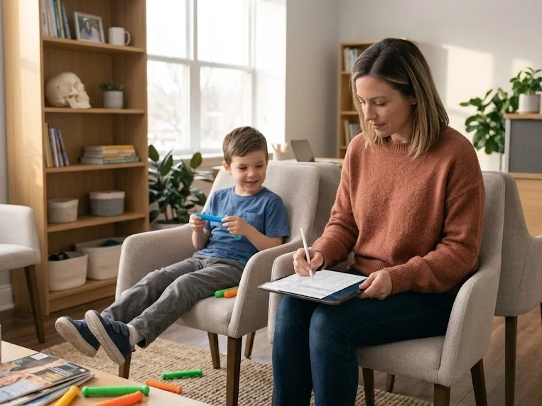 A mother signing intake paperwork on a tablet in a waiting room while her son plays with a chewy tube