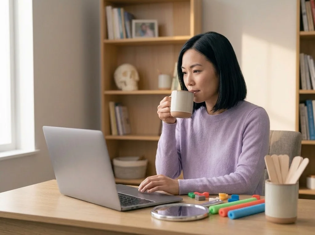 A therapist with her morning coffee reviewing her day on a laptop