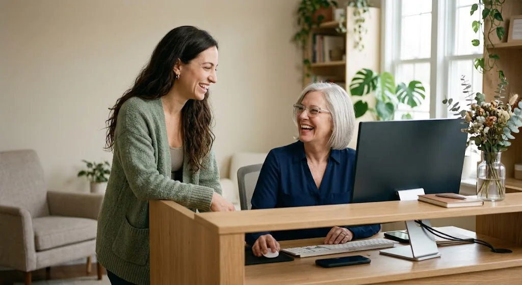 A therapist laughing with her office manager at the front desk of a small practice