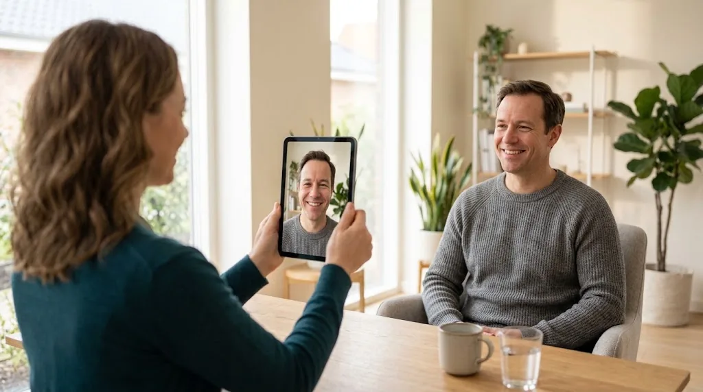 A therapist taking a progress photo of an adult client with a tablet