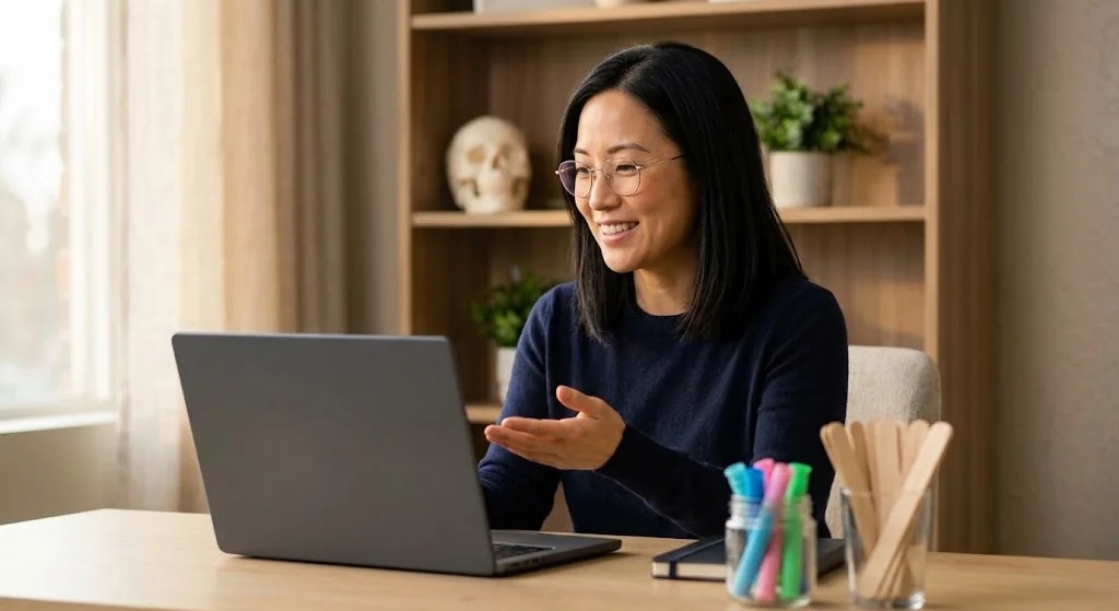A clinician explaining an exercise to a client over a video session from her laptop