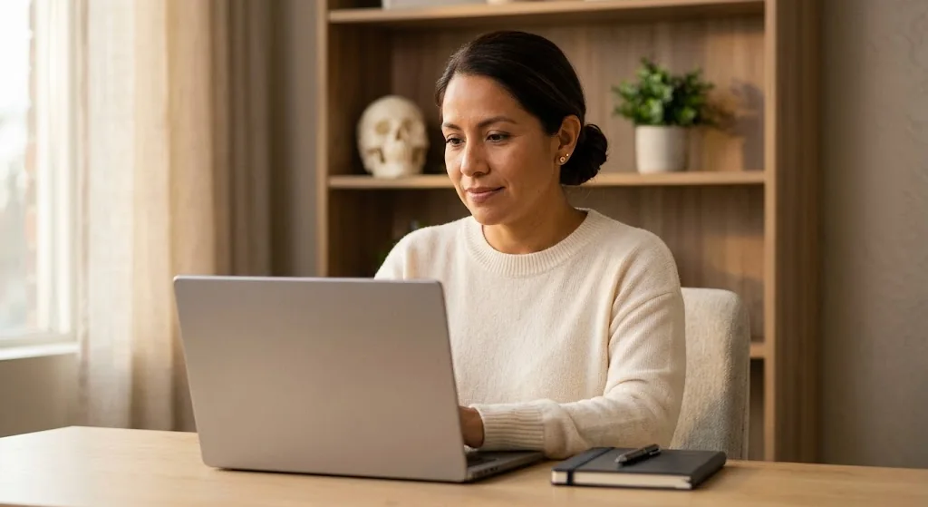 A therapist working at a laptop in her practice office