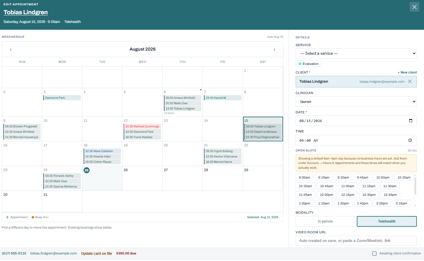 Editing an appointment: month calendar, service, clinician, open time slots, and telehealth toggle